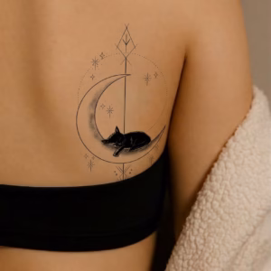 Sleeping Cat tattoo Crescent Moon back mockup