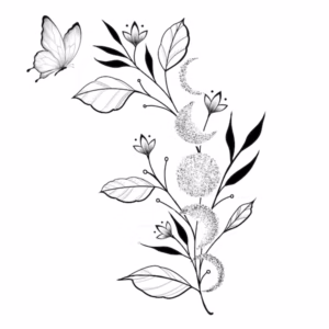 Botanical Moon and Butterfly tattoo fine line design