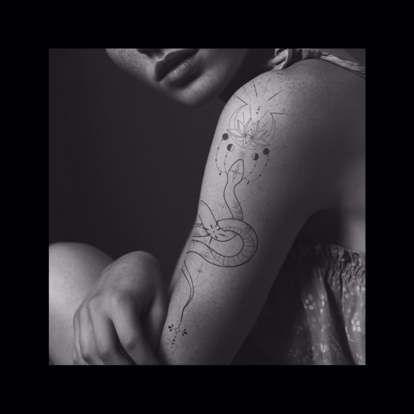 Sacred Snake and Lotus tattoo on the shoulder