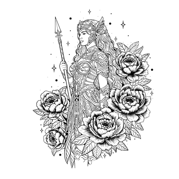 Amazon Warrior with Peonies tattoo