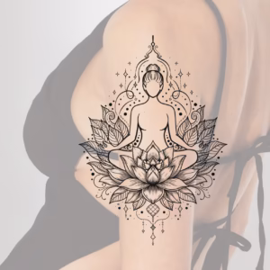 fine line Lotus Meditation Woman tattoo design stencil pdf mockup 02