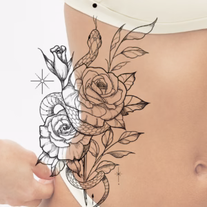 snake and roses fine line tattoo design mockup