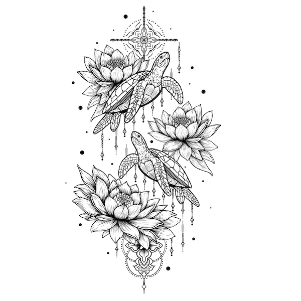Two Sea Turtles Fine Line feminine Lotus tattoo design thumbnail
