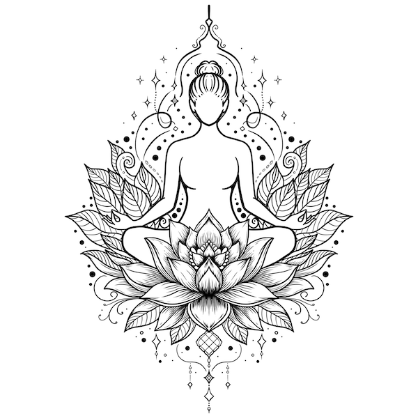 fine line Lotus Meditation Woman tattoo design stencil pdf