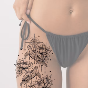 fine line Turtles and Lotus mockup tattoo