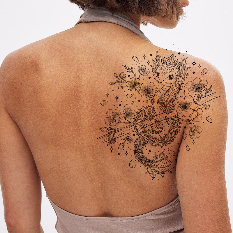 Dragon stencil tattoo on shoulder Mockup