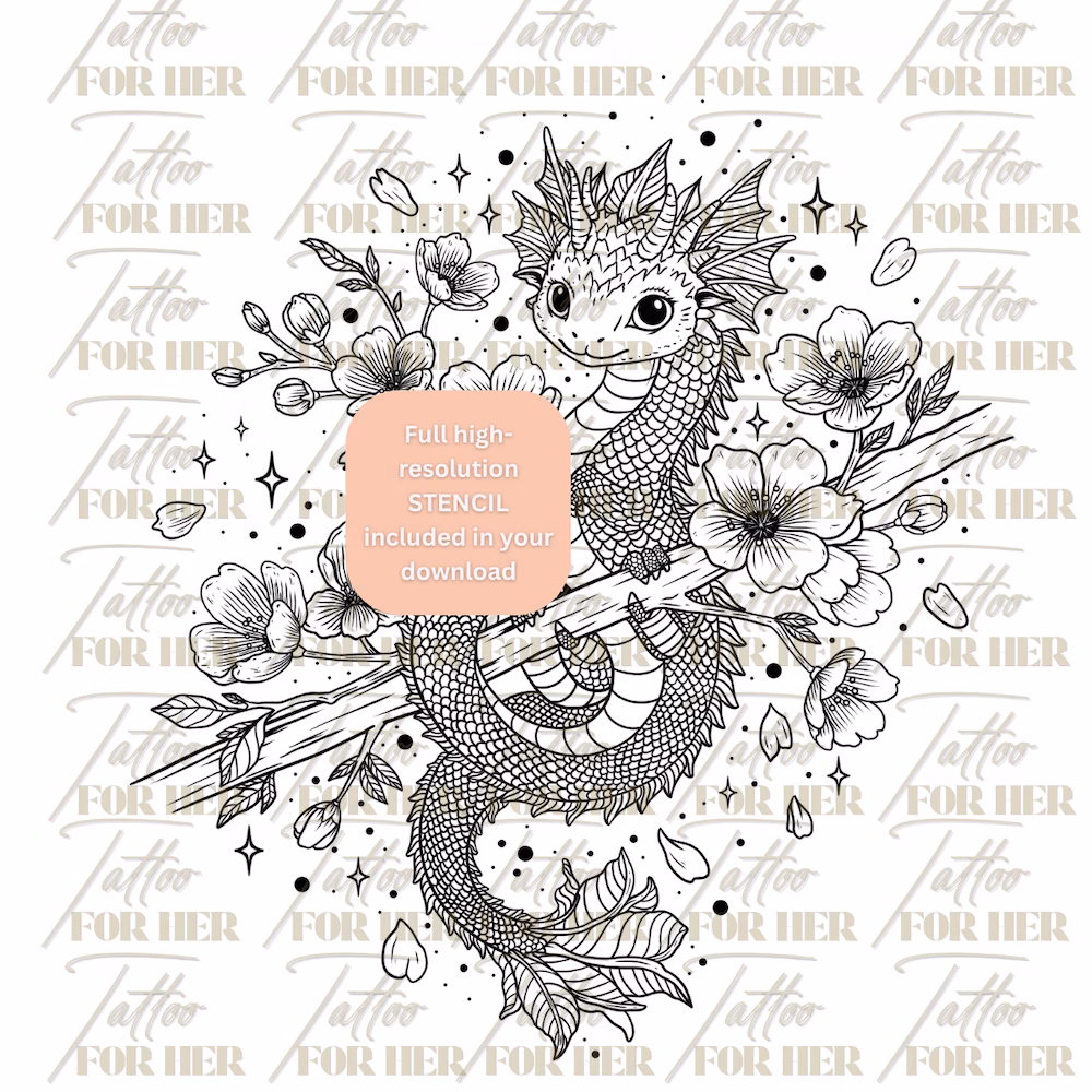 Dragon tattoo with Cherry Blossoms with watermark