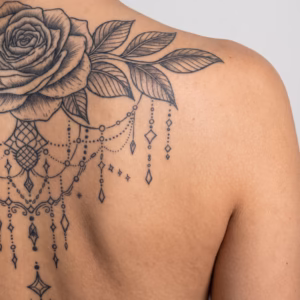 rose back shoulder tattoo design mockup