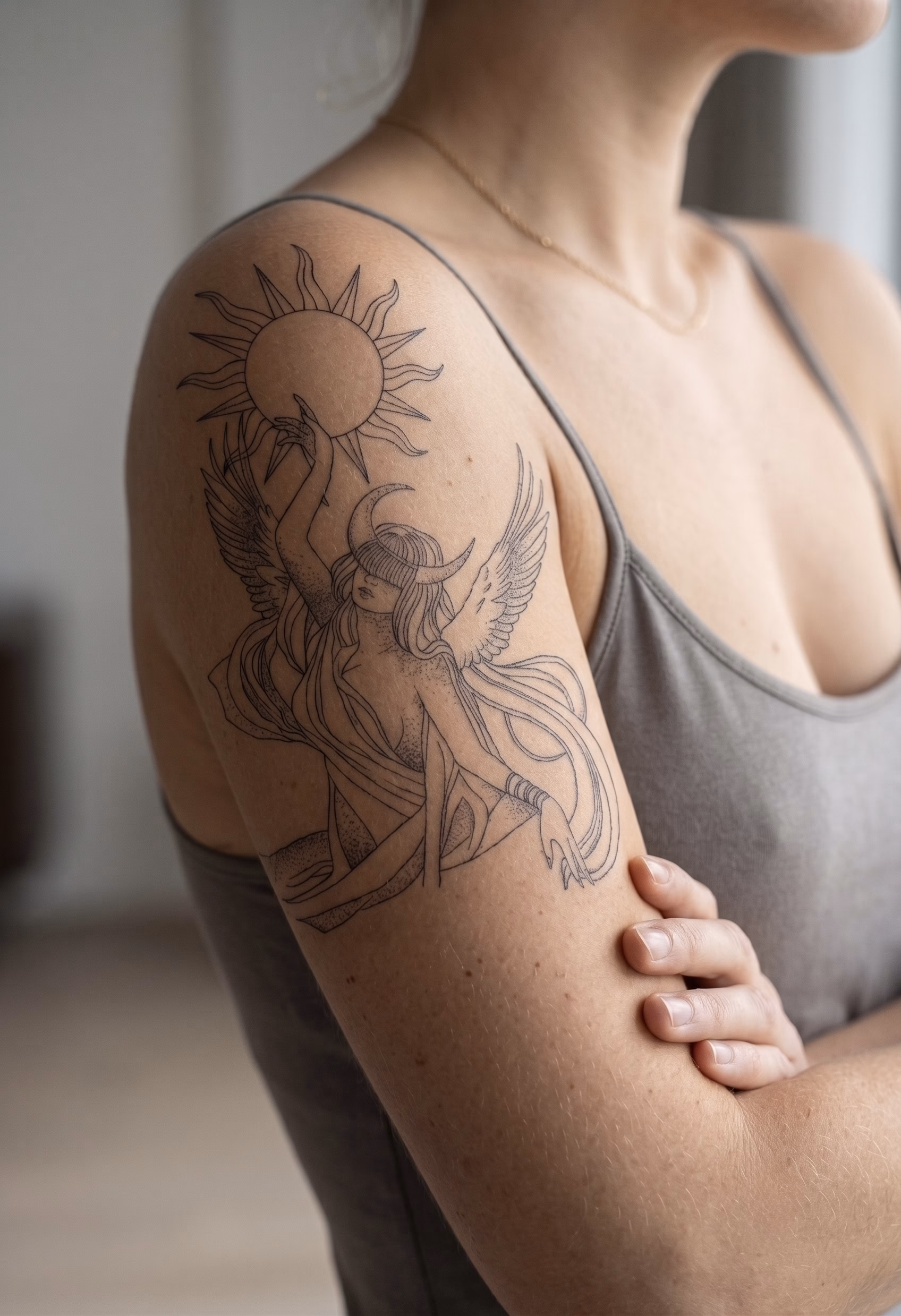 mock up on the skin of Celestial goddess tattoo stencil featuring a winged goddess with a crescent moon crown reaching toward the sun in fine line tattoo style.