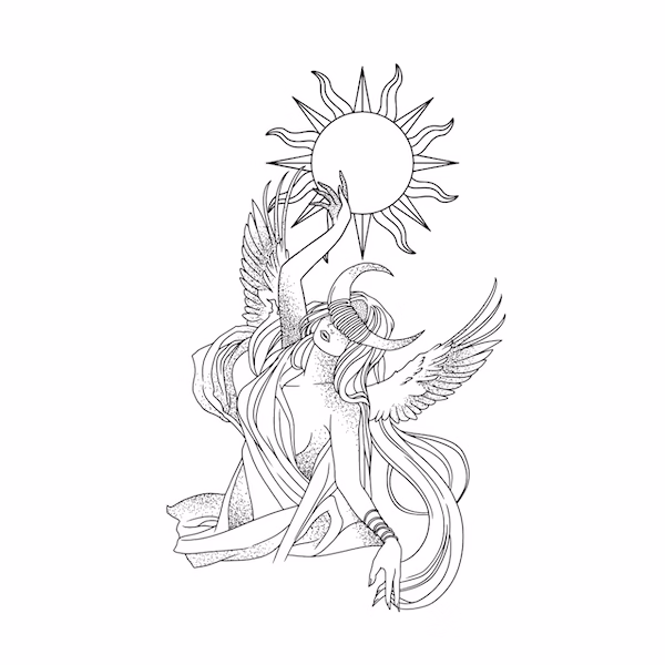 Celestial goddess tattoo stencil featuring a winged goddess with a crescent moon crown reaching toward the sun in fine line tattoo style.
