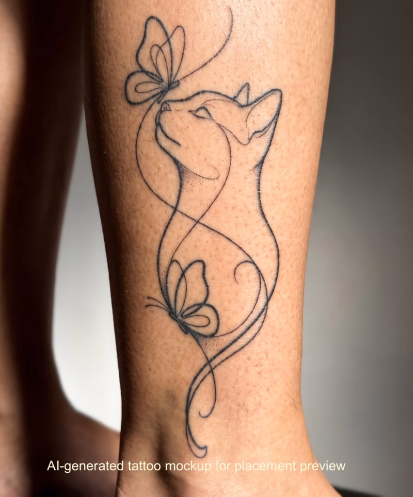 AI-generated tattoo mockup cat and butterflies