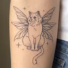 Printable winged cat fine line tattoo design with fluffy cat details, butterfly-like wings, star accents, and soft dotwork shading