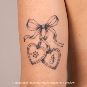 AI-generated mockup of a bow and heart charm tattoo design on the upper arm