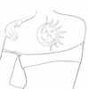Printable sun and moon faces fine line tattoo design with feminine celestial profiles, crescent moon, sun rays, and dotwork the line art placement mockup