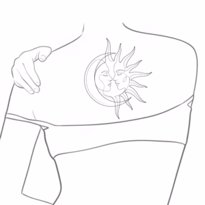 Printable sun and moon faces fine line tattoo design with feminine celestial profiles, crescent moon, sun rays, and dotwork the line art placement mockup
