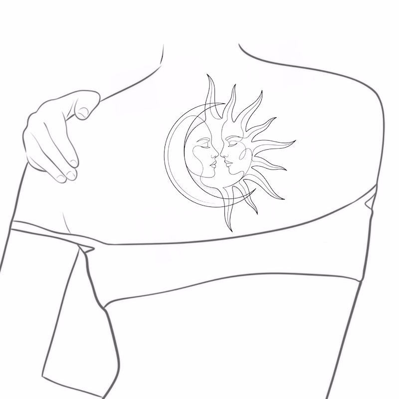 Printable sun and moon faces fine line tattoo design with feminine celestial profiles, crescent moon, sun rays, and dotwork the line art placement mockup