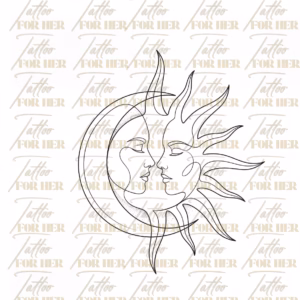 Sun and Moon Faces Fine Line Tattoo Design with Watermark