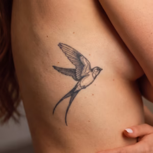 Swallow tattoo design with open wings, long tail feathers, fine line details, and subtle dotwork shading