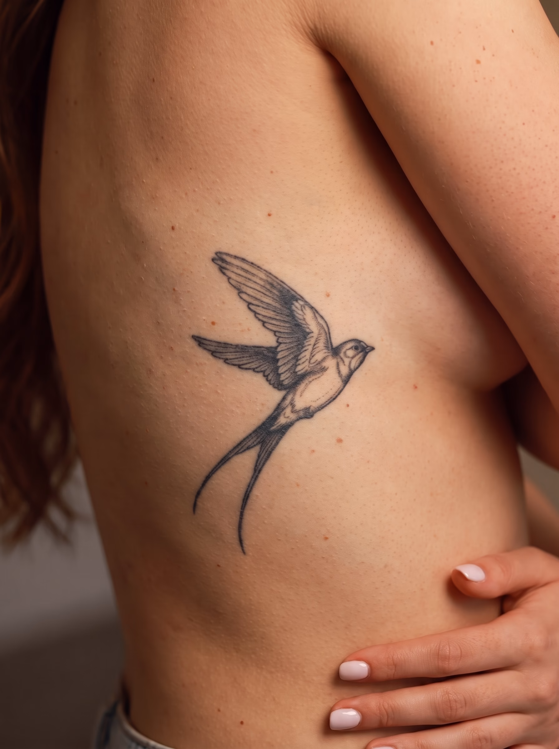 Swallow tattoo design with open wings, long tail feathers, fine line details, and subtle dotwork shading