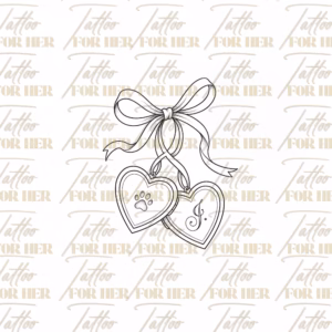 Bow heart charm tattoo design with a ribbon bow and two hanging heart charms featuring paw print and music note details with watermark