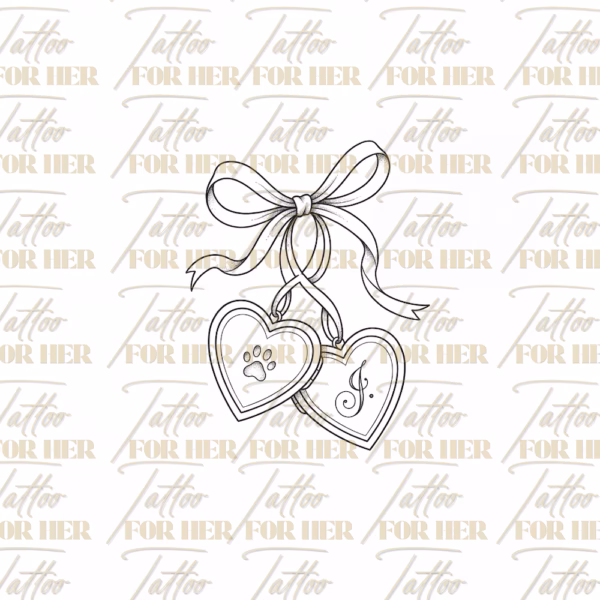 Bow heart charm tattoo design with a ribbon bow and two hanging heart charms featuring paw print and music note details with watermark