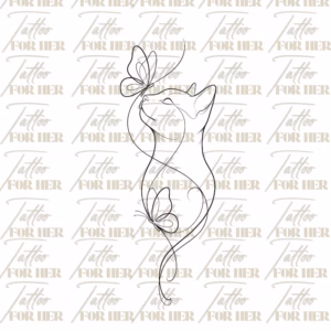 cat and butterflies line art tattoo watermarked