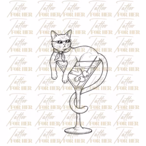 Printable martini cat fine line tattoo design with a stylish cat in sunglasses and scarf lounging in a cocktail glass with cherries with brand watermark