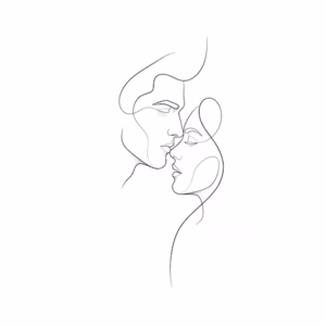 Printable minimalist two faces line art tattoo design with intimate female profiles, flowing contour lines, and elegant fine line details