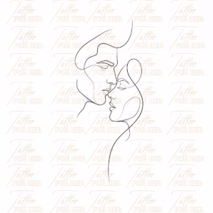 Printable minimalist two faces line art tattoo design with intimate female profiles, flowing contour lines, and elegant fine line details with watermark tattooforher.com