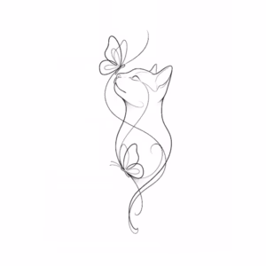 Printable cat and butterflies line art tattoo design with a graceful cat silhouette, delicate butterflies, flowing lines, and soft dotwork shading