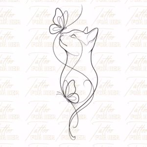 Printable cat and butterflies line art tattoo design with a graceful cat silhouette, delicate butterflies, flowing lines, and soft dotwork shading with wtermark Tattooforher.com