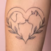 Printable dog and cat heart fine line tattoo design with minimalist pet profiles, leafy details, heart outline, and soft dotwork shading mockup