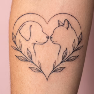 Printable dog and cat heart fine line tattoo design with minimalist pet profiles, leafy details, heart outline, and soft dotwork shading mockup