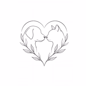 Printable dog and cat heart fine line tattoo design with minimalist pet profiles, leafy details, heart outline, and soft dotwork shading