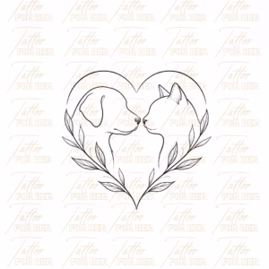 Printable dog and cat heart fine line tattoo design with minimalist pet profiles, leafy details, heart outline, and soft dotwork shading with watermark