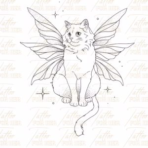 Printable winged cat fine line tattoo design with fluffy cat details, butterfly-like wings, star accents, and soft dotwork shading with watermark